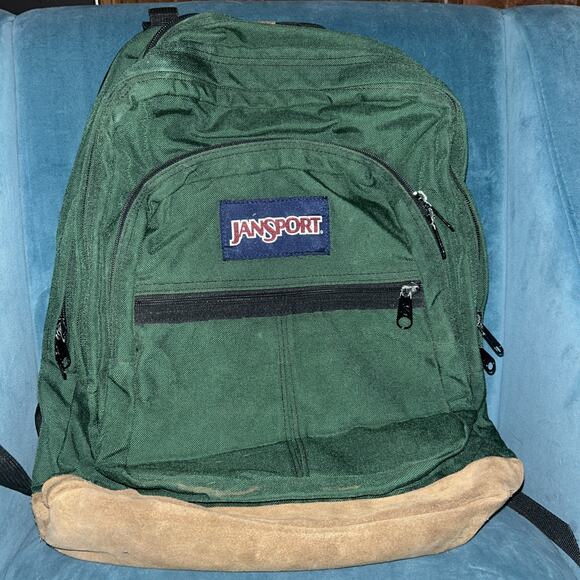 Vtg 90s JANSPORT USA -MADE Green LEATHER-BOTTOM HIKE BACKPACK Travel School Bag - Picture 1 of 7